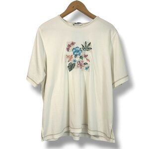 Vintage BonWorth Cream Ribbed Floral Embroidery Short Sleeve Shirt Plus Size 3X